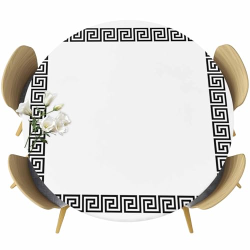White Traditional Round Fitted Table Cover Greek Key Meander Border