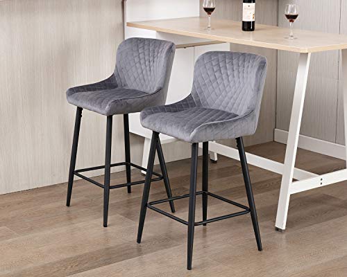Guyou Retro Stools Diamond Tufted 26.6\" Counter Hight Stool Set of 2, Velvet Upholstered Arm Chair Dning Chair with High Steel Legs Kitchen Pub,Grey