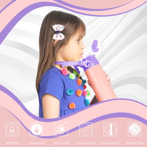 Image of CRYA Kidster Sipper 500ml Stainless Steel Water Bottle for Hot and Cold Beverages for Upto 24 Hours, BPA Free and Leakproof Thermosteel Double Walled Insulated Vacuum Thermos Flask (Blossom Pink)