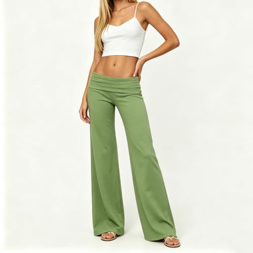 Image of Lounge Yoga Pants for Women Fold Over Low Waist Wide Leg Bell Bottoms
