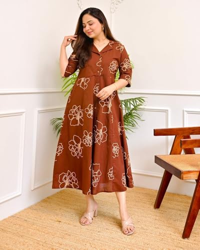 Image of Women's Floral Print Midi Dress, Rayon, A-Line Fit and Flare, Shirt Collar, Half Sleeves, Casual Wear