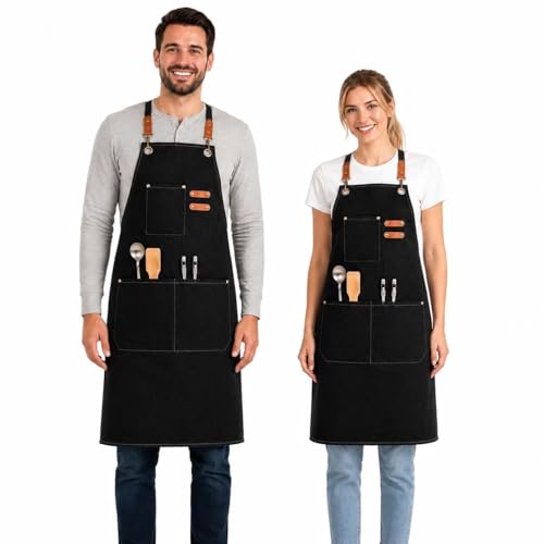 Morwealth Tabliers de cuisine,68 x 85 cm Tabliers barbecue pour hommes, réglable tablier de travail avec avec 3 poches pour le jardinage restaurant barbecue,...