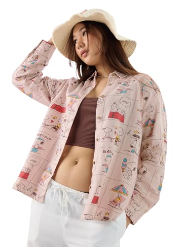 Image of The Souled Store Official Peanuts: Beach Bum Women and Girls Long Sleeve Collared Neck Pink All Over Printed Cotton Boyfriend Shirts