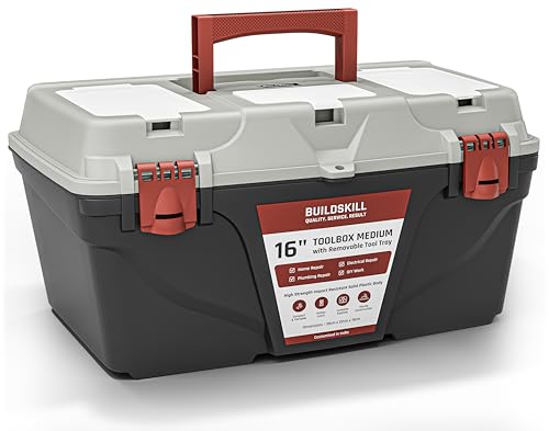 Image of BUILDSKILL 16 inch Medium Tool Box for Home | Convenient Top Lids & Removable Tool Tray | Secure Latch Lock | Key Hole | Heavy Duty Impact Resistant Body | Ideal Repair Toolbox for DIY & Professional Use