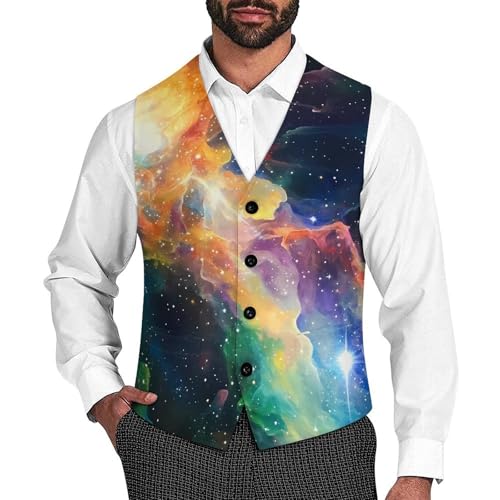 Green Fantasy Galaxy Nebula Men's Formal Suit Vest for Business Formal Or Casual Dress Waistcoat Wedding