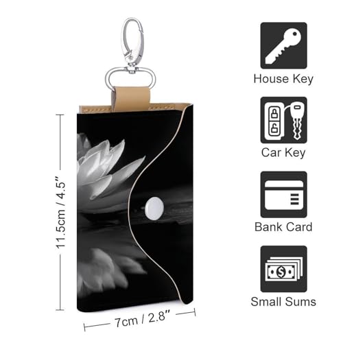 Black And White Water Lily Key Holder Bag PU Leather ID Card Holder Keychains Case Cover for Men Women2
