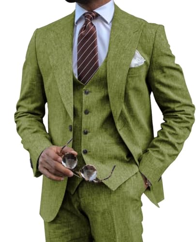 Mens Linen Suits 3 Piece Summer Wedding Suit Men Slim Fit Suits Linen Blazer Vest Pants Set Lightweight