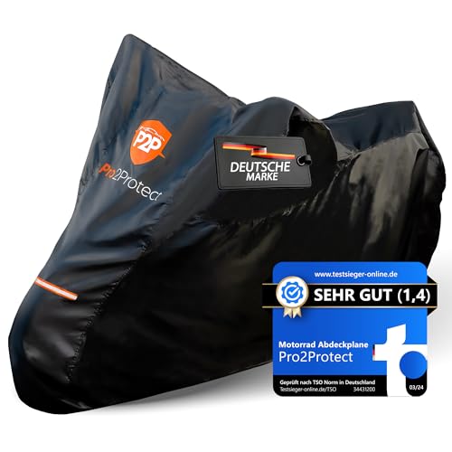 [ Test SEHR GUT ] Pro2Protect Motorrad Abdeckplane SCHWARZ ORANGE wetterfest Outdoor Plane für Moped Roller Vespa Motorroller 100% WASSERDICHT Garage Motorräder Abdeckung Motorradabdeckung Zubehör