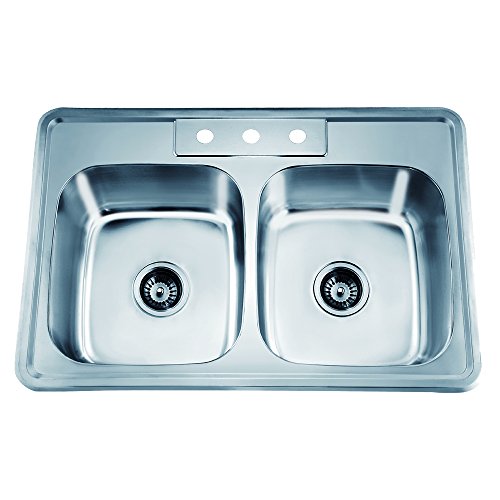 Dawn AST102 Top Mount Equal Double Bowl Sink with 3 Holes, Polished Satin #1