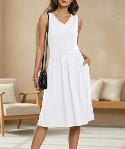 Image of NILOUFO Sleeveless Dress for Women Summer Knee Length Sundress with Pockets | Sundresses for Women Tank Empire Waist Sun Dress Cold Shoulder Casual V Neck Midi Dress Flowy Summer Dresses for Women