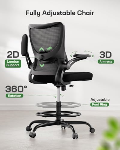Image of Marsail Drafting Chair, Tall Office Chair with 2D Lumbar Support, Standing Desk Chair with Padded Flip-Up Armrests & Adjustable Footrest Ring, Black,Pack of 5