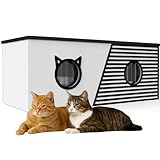 QLS Casa para gatos XXL, 85 x 45 x 37,5 cm, resistente a la intemperie y aislada, con cortina protectora, techo abatible y suelo OSB, para hasta 4 gatos al aire libre (blanco)