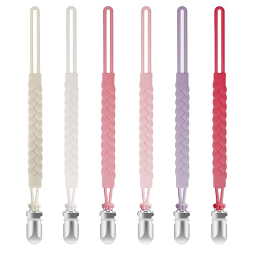 Image of TenderBabe Silicone Pacifier Clip for Baby Girls and Boys, Pack of 6 Soft Flexible Paci Binky Clips with One-Piece Braided-Style Design,BPA-Free Baby Essentials