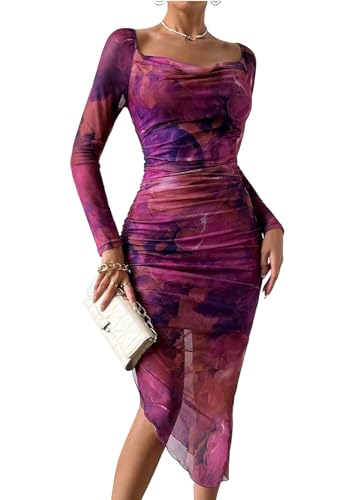 MOEENCN Women's Sexy Bodycon Midi Dress Birthday Outfits Sheer Mesh High Neck Ruched Date Night Club Party Dresses