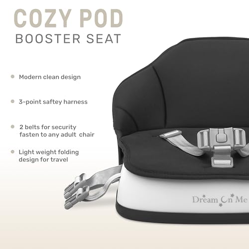 Image of Dream On Me Cozy Pod Baby Booster Seat for 6-36 Months, Portable Travel Booster Chair with 3-Point Safety Harness & 2 Fixing Belts, for Table & Dining, Lightweight Foldable & Easy to Carry - Black