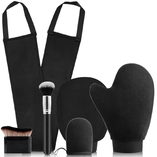 Tanning Mitt and Brush 6 PCS Self Tanning Mit and Fake Tan Brush Set with 5 Tanning Mitt & 1 Tanning Brush Velvet Material of Tanning Mitt Set Washable And Reusable Tanning Brush for Body and Face