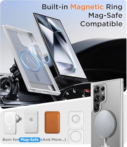 Image of Elzzi Magnetic Cover Compatible For Samsung S25 Ultra 5g Case with Adjustable Metal Kickstand, Compatible with Mag-Safe Translucent Matte Protective Phone Shockproof Case, Natural Titanium