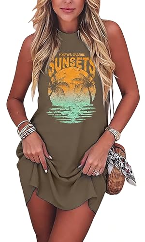 Image of Sun Salt Sand Coconut Tree Tank Mini Dress for Women Sleeveless Beach Praty Shirts Summer Vacation Short Mini Dresses