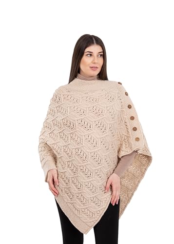 Image of SAOL Aran Poncho 100% Merino Wool for Ladies with Buttons V-Neck Shawl Cardigan