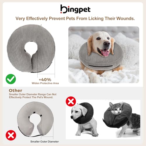 Image of BINGPET Inflatable Dog Cone Collar Alternative After Surgery,Soft Recovery Cone for Dogs to Stop Licking, Blow up Protective Neck Donut ECollars Adjustable for Large Medium Small Puppy Pet, Grey XL