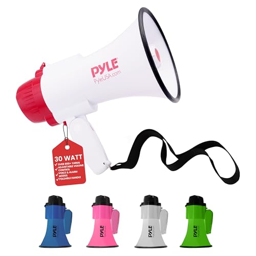 Pyle Megaphone Speaker PA Bullhorn - with Built-in Siren 30 Watt Voice Recorder & 800 Yard Range - Ideal for Football, Soccer, Baseball, Hockey, Basketball, Cheerleading Fans & Coaches - PMP35R