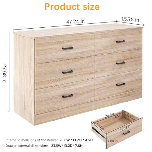 Bigbiglife Dresser for Bedroom, 6 Drawer Double Dresser, Modern Chest of Drawers with Deep Drawers, TV Stand Large Storage Organizer for Living Room, Closet (Light Oak)