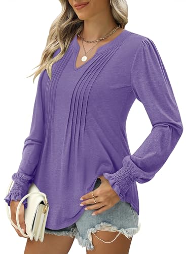 BETTE BOUTIK Long Sleeve Shirts for Women Fall Tops Dressy Blouses Pleated V Neck Tunic Tops for Leggings S-3XL