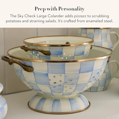 Image of MACKENZIE-CHILDS Enamel Colander, Large, Light-Blue-and-White Sky Check