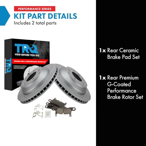 Image of TRQ Performance Rear Brake Pad and Rotor Set Ceramic Coated Drilled Slotted Rotors Compatible with 2011-2018 Porsche Cayenne 2011-2017 Volkswagen Touareg