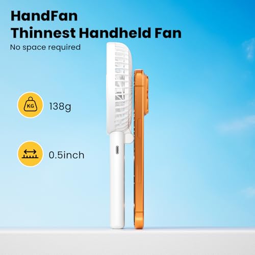 HandFan Ultra-𝐒𝐥𝐢𝐦 & Lightweight Handheld Fan (0.5in,0.3lb), 5 Speeds Portable Hand Held Fan USB Rechargeable 180° Foldable, Quiet Summer Essentials with Lanyard for Travel/Concerts/Lash (Pink) — view 2