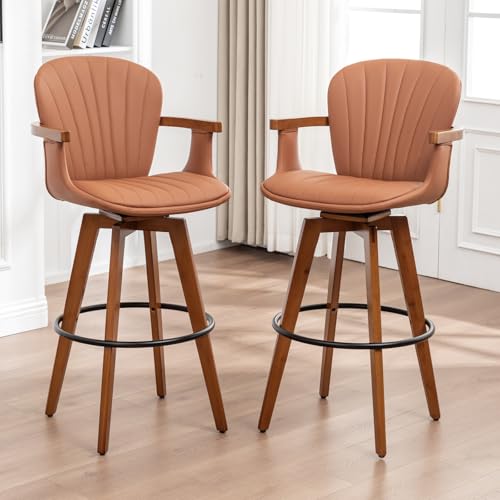 Image of LUNLING 26 inch Counter Height Stools Set of 2,Mid Century Modern Bar Stools,Brown PU Leather Kitchen Island Stools,Wood High Barstools Swivel with Back and Arms for Home Bar Furniture