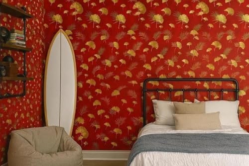 Wallpaper for Walls | Vertical Wood Wall Stickers for Wall Decor | Self Adhersive Wall Paper for Home Kitchen Living Room and Bedroom | 45 Cm X 500 Cm | (Red & Gold Botanical Elegance)