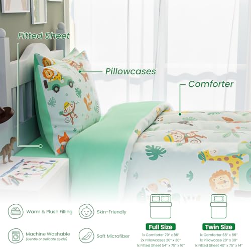 Image of SANDJEST Jungle Animal Comforter Set Full Size 98x86in for Kids Boys, Microfiber 4 Pcs Bedding Set Includes 1 Comforter, 2 Pillowcases, 1 Fitted Sheet, Nursery Room Decor