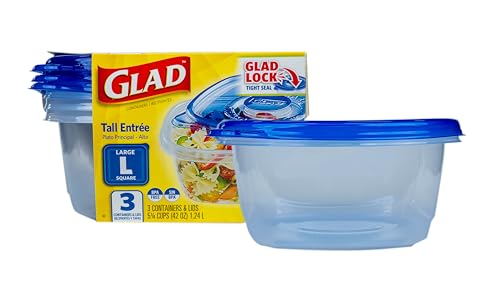 Glad GladWare Tall Entree Food Storage Containers with Lids, Large Square BPA Free Plastic for Meal Prep and Lunches, Lock Tight Seal, Microwave and Dishwasher Safe, 42 Oz, 3 Count