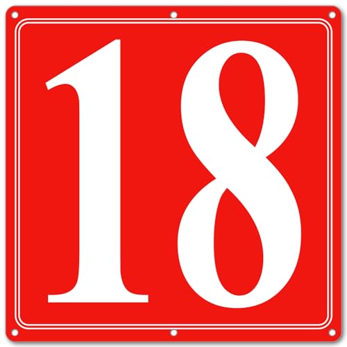 Image of Premium Aluminum Number Signs 18, Metal 12 inch X 12 inch Red Numbered Signs Outdoor for Parking Lots, Floor, Dock, Court, Aisle, Field, High Visibility, No Fade, Weather-resistant