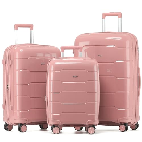 CRUW 3-Piece Luggage Set Expandable Polypropylene Suitcase Set TSA Locks 8 Silent Spinner Wheels Lightweight Nested Suitcases Travel Set easyJet British Airways Jet2 Airline-Approved Carry-On Pink