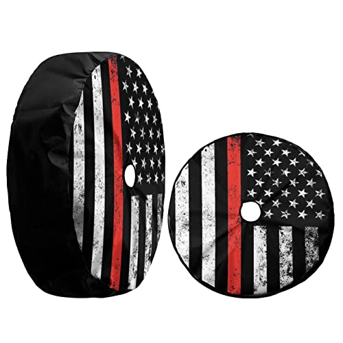Image of USA Patriotic Firefighter Thin Red Line Flag Spare Tire Cover with Backup Camera Hole Wheel Tire Cover Fit Trailer, RV, SUV and Many Vehicle 18inch