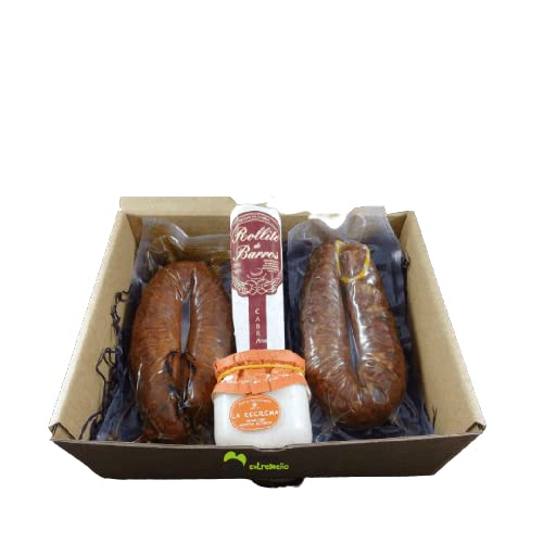 Cesta de Regalo para Empresas Gourmet con Queso Rulo de Cabra Artesano, Queso Recrema de Finca Pascualete, Salchichón Ibérico, Chorizo Ibérico – Corazón Extremeño