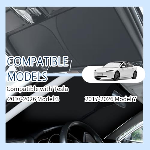 Image of Car Windshield Sun Shade Compatible with Te /SLA 2017-2026 Model 3 /Y,Oxford Cloth Sun Shade for Car Windshield with Foldable Design,Windshields Cover Suns Shades with Storage Bag