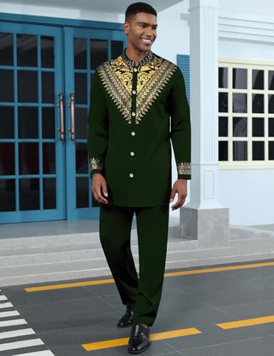 Mens African 2 Piece Set Metallic Traditional Suit Gold Stamp Printed African Dashiki Shirt and Pants Outfit2