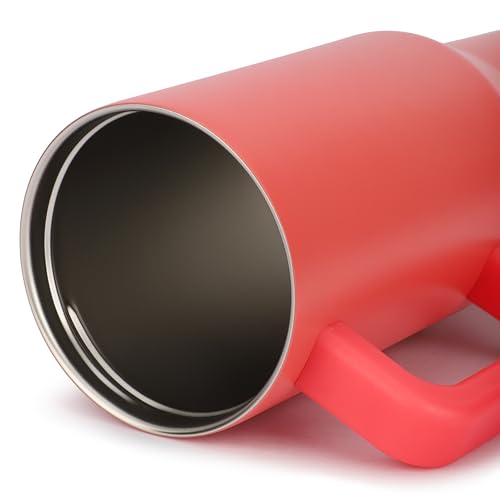 Image of House of Quirk 1200ML Tumbler with Handle & Simple Flip Straw - Car Cup Holder Friendly, Leak Resistant Stainless Steel Water Bottle with Rubber Base (Coral)
