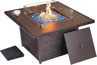 42 Inch Outdoor Propane Fire Pit, 50,000 BTU Gas Fire Pit Table with Lid, Wind Guard, Cover, and Glass Stones, Brown Squre Rattan Gas Firepit Table for Patio, Terrace, Garden, CSA Certification