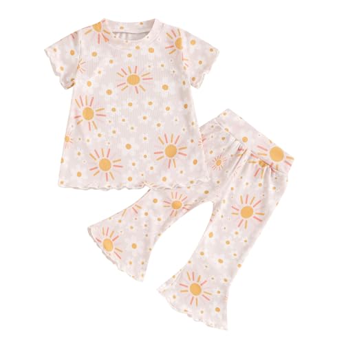 Toddler Baby Girl Clothes Ribbed Knit Floral Ruffle T-Shirt & Fla...