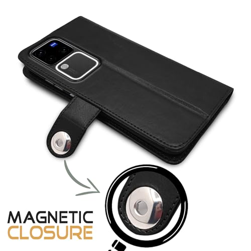 Image of Pikkme Vivo V30 Pro 5G Flip Cover Leather Finish | Inside TPU with Card Pockets | Wallet Stand and Shock Proof | Complete Protection Button Flip Case (Black)