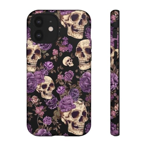 Coque iPhone 12 roses violettes et crânes avec finition brillante premium