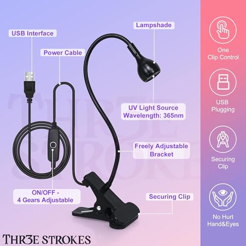 Image of THR3E STROKES UV Light for Nails - 3W LED Nail Dryer with Gooseneck Clamp & USB Charge for Salon /Home (Black-B)