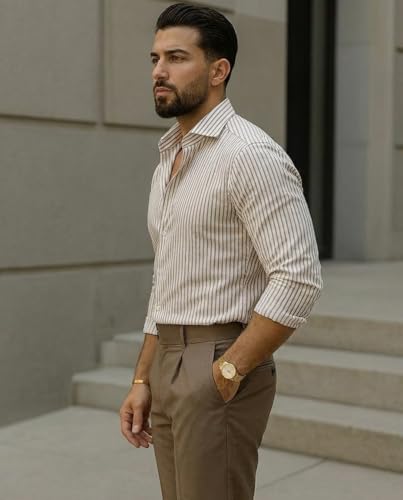 Image of IndoPrimo Men's Striped Shirt | Premium Slim Fit Full Sleeve Formal Casual Shirt | Button-Down Cotton Shirt for Office
