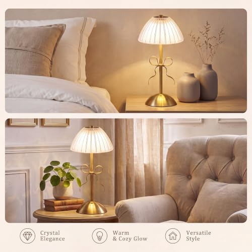 Image of Liliful 2 Pcs Cordless Table Lamp Rechargeable Touch LED Small Gold Portable Battery Operated USB-c Desk Lamp 3 Color Dimmable for Bedroom Living Room Dining (Gold,Mushroom Style Bow)