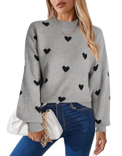 Image of Women's Long Sleeve Mock Neck Sweaters Loose Cute Heart Pullover Sweater