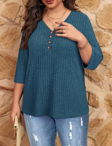 Image of Koscacy Women Plus Size V Neck 3 /4 Roll Sleeve Sweater Casual Knit Tops Solid Color Blouses